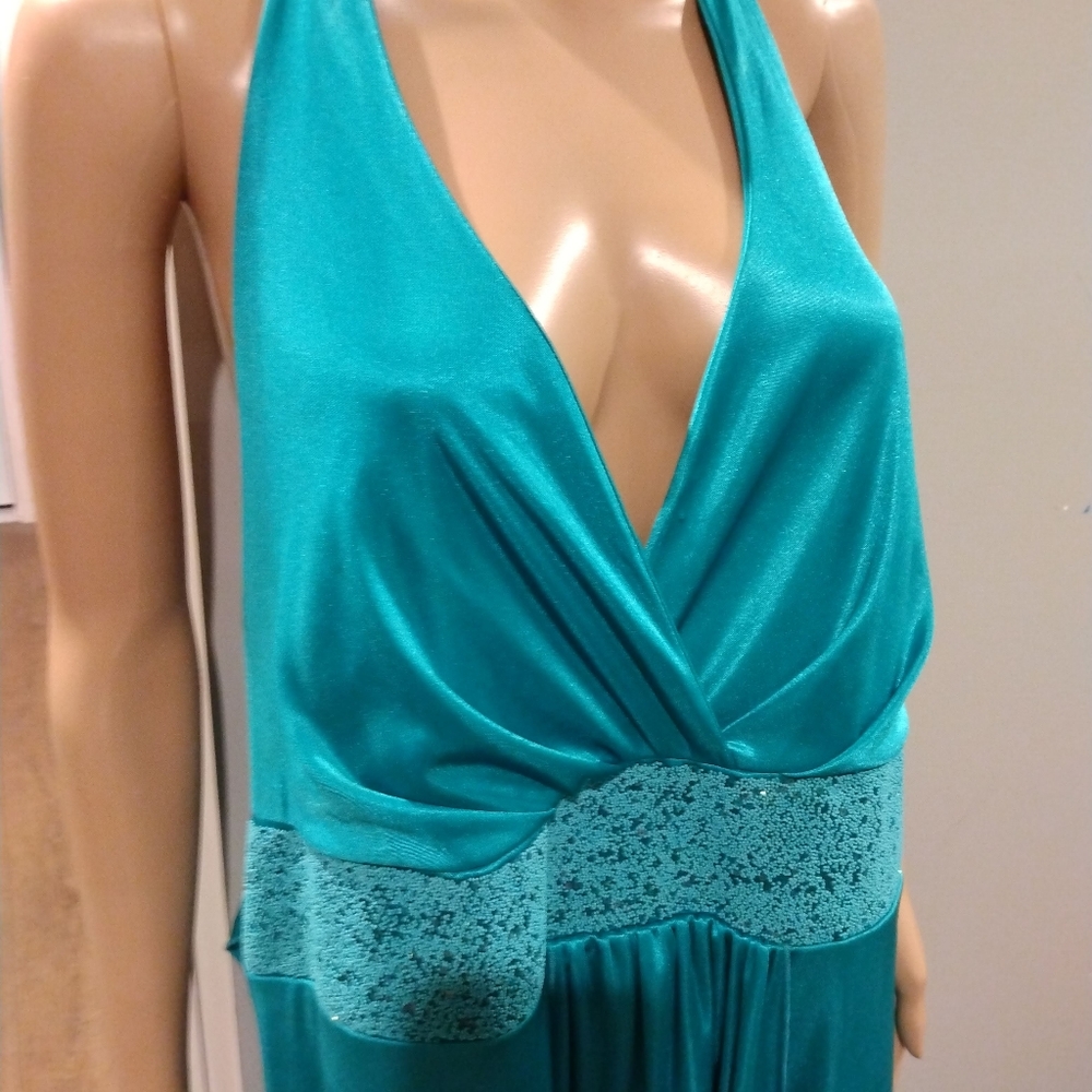 Ruby Rox Teal Sequins Halter Dress Gown - Picture 3 of 10